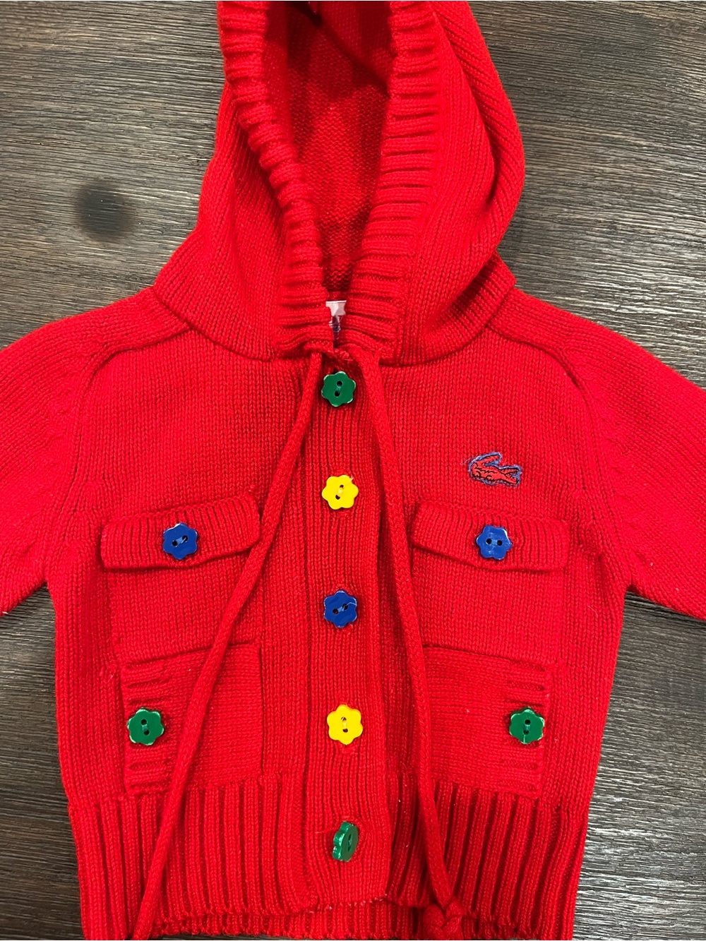 Vintage Lacoste Izod Red Hooded Baby Knit Jacket with Multicolored Buttons